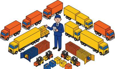 Illustration of a logistics manager overseeing colorful delivery trucks and cargo containers arranged in a neat configuration with a dark background