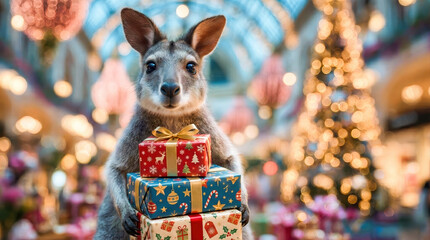 Kangaroo Holding Wrapped Gifts in a Festive Setting With a Christmas Tree and Decorations in the Background