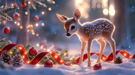 Cute Deer Enjoys Celebration Decorations in a Snowy Forest During the Holiday Season With Lights, Ribbons, and Ornaments