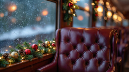 Cozy Festive Train Interior With Decorated Chair and Holiday Lights During a Winter Journey
