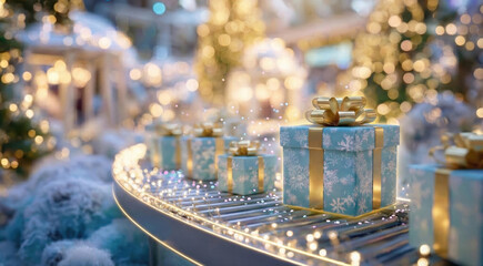 Holiday Gifts Wrapped With Ribbons Rest on a Glimmering Conveyor Surrounded by Sparkling Lights and Festive Decorations