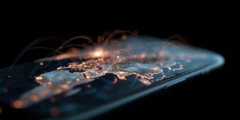 Digital map shows connections and data flow at night on a smartphone screen