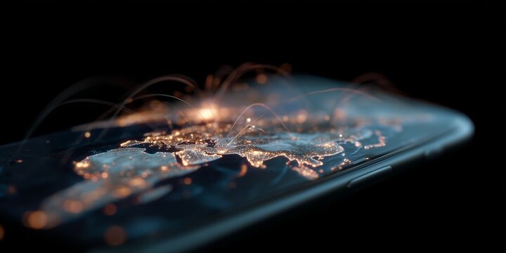 Digital map shows connections and data flow at night on a smartphone screen - Powered by Adobe