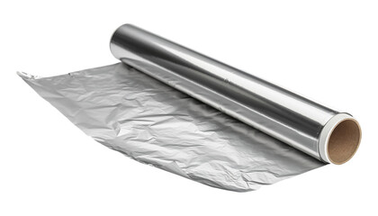 A roll of shiny silver aluminum foil, partially unrolled and ready for kitchen use isolated on transparent background