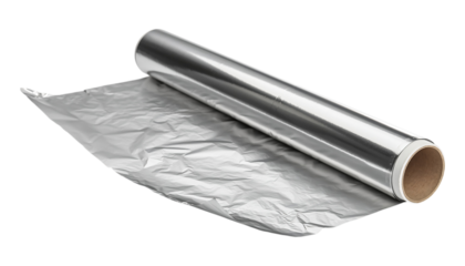 A roll of shiny silver aluminum foil, partially unrolled and ready for kitchen use isolated on transparent background