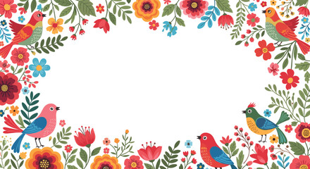 Beautiful rectangular frame made of colorful folk art style flowers and birds, with a blank white space in the center for text.