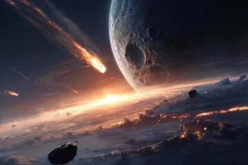 Celestial Collision: A breathtaking cosmic panorama unfolds as a fiery meteor streaks across the canvas of space, poised to collide with a distant celestial body.