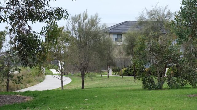 A quiet suburban park in Tarneit, Melbourne, featuring a path bordered by drought-resistant and native Australian trees. Water-wise urban planning, local biodiversity, and sustainable parkland