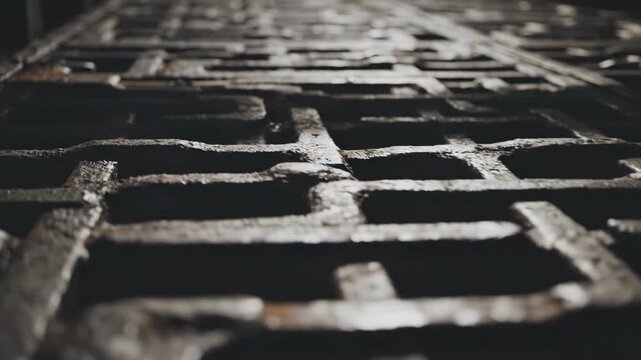 Cinematic slow dolly shot moving laterally across a dark repeating industrial metallic grate texture forming a rigid structural pattern repeating, seamless, backdrop