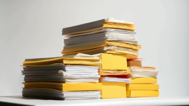 Stacks of documents with yellow folders arranged on a table at the office