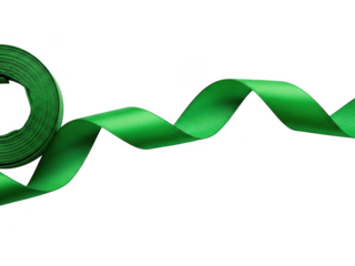 A vibrant green satin ribbon uncoiling in a flowing wave pattern, isolated on transparent background for easy design integration
