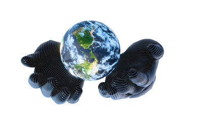 AI protecting the planet, Carbon cyborg hand gently holding realistic Earth, Sustainable future concept created by 3D modeling.