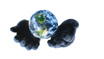 AI protecting the planet, Carbon cyborg hand gently holding realistic Earth, Sustainable future concept created by 3D modeling.