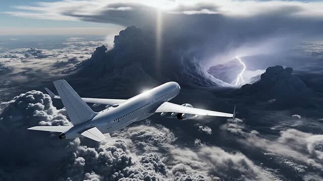 Airplane Flying Above Dark Storm Clouds with Dramatic Lighting and Distant Lightning