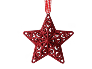 Closeup of a decorative red glittery fivepointed star christmas ornament hanging by a red and white gingham ribbon, isolated on transparent background