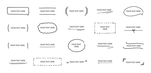 Label vintage handwriting design template. Marker or pen writing text. Ribbon type frame. Square, circle, parentheses, message and lines doodle hand drawn.