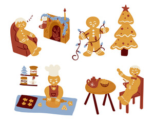 Hand drawn gingerbread man character set with home baking scenes and Christmas elements isolated on white background. The image represents cozy holiday lifestyle, homemade sweets, family tradition