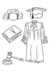 Hand drawn law and justice doodle set with judge robe, gavel, book and academic symbols isolated on white background. The image represents legal system, education, court tradition