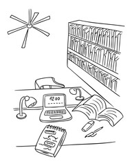Hand drawn study room interior with desk, laptop, books and library shelves in minimalist line style isolated on white background. The image represents education, higher learning, research process