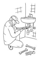 Hand drawn plumber repairing sink with tools in bathroom interior line illustration isolated on white background. The image represents home maintenance, plumbing service, repair work