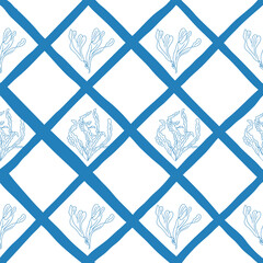 Hand drawn seamless seaweed pattern with marine plants arranged in geometric diamond grid on white background. The image represents ocean nature, coastal decor, underwater life