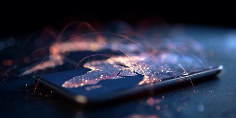 Connections through technology on a smartphone showing a glowing world map in the dark