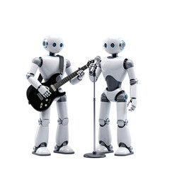 Two robots playing guitar and singing into a microphone