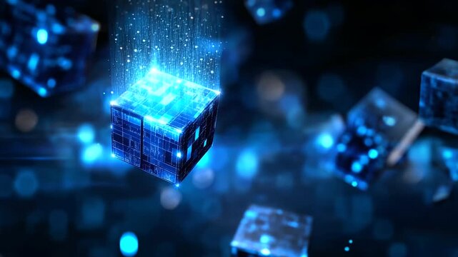 Futuristic abstract digital background with glowing blue geometric cubes and data particles, technology innovation representation, big data and artificial intelligence, defocused l
