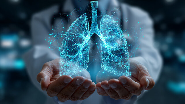 crystal 3d illuminated lungs in doctor hands made with generative AI