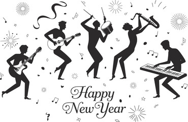 Silhouetted musicians celebrating New Year, festive music vector illustration, elegant black-and-white party design, joyful holiday artwork with instruments and confetti