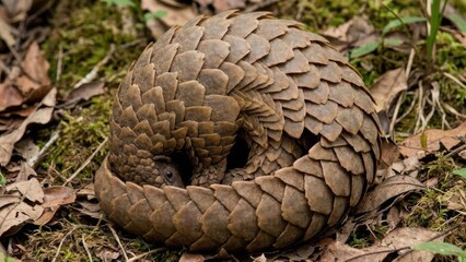 Close Up Of A Curled Up Pangolin With Scaly Armor In A Forest Setting