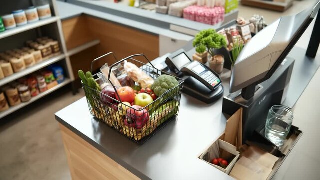 Shopping basket full of fruits and vegetables at a market checkout area