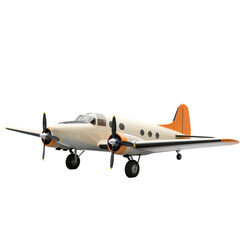 Vintage twin-propeller airplane with orange accents