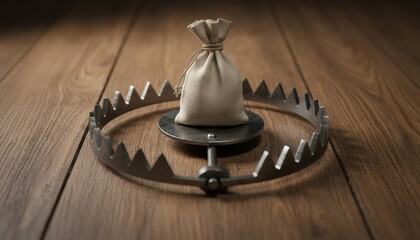 Money bag bait in open bear trap: financial risk and temptation