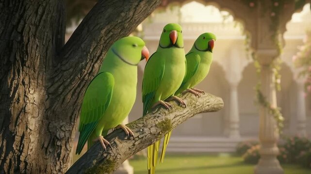 Green parrots sit together on a tree branch in a garden, adding color, harmony, and lively natural beauty to the scene.