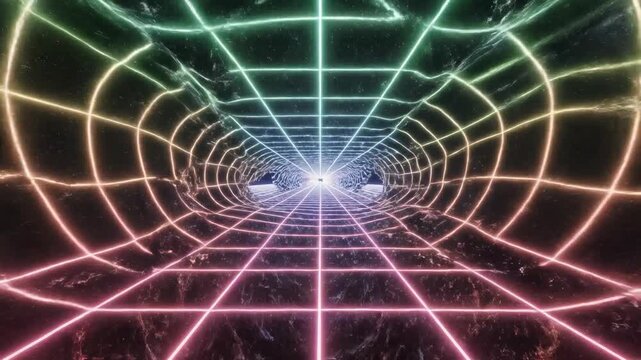 Endless vanishing point geometric neon grid plane pulsing and stretching through deep space in a mesmerizing kaleidoscopic pattern matrix, energy, tunnel