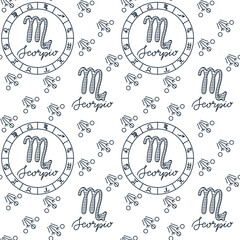Scorpio zodiac seamless pattern with astrology symbol and horoscope circle in hand drawn style on white background. Image represents astrology concept and mystical zodiac identity theme