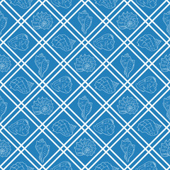 Seamless sea shell pattern with hand drawn marine elements arranged in geometric grid on blue background. Image represents ocean nature concept and coastal decorative design