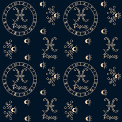 Pisces zodiac seamless pattern with astrology symbol and horoscope wheel in hand drawn style on dark background. Image represents mystical astrology concept and zodiac identity theme