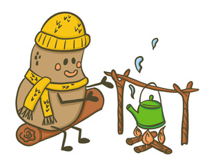 Cute cozy potato character wearing hat and scarf sitting near campfire kettle in hand drawn style isolated on white background. Image represents comfort concept and outdoor camping warmth mood