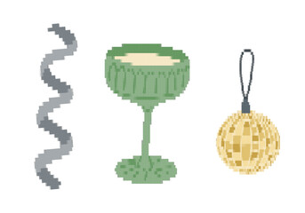 Pixel art Christmas decoration set with holiday objects including candle holder ornament and spiral element isolated on white background.