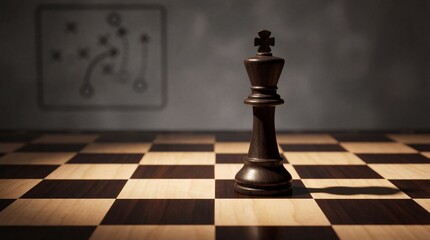 A lone chess king piece stands on a chessboard with a wall in the background
