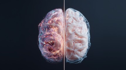 Brain split into two halves, showcasing different textures and appearances in dark setting