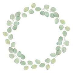 Christmas wreath. Watercolor frame with  eucalyptus  branches on white background. Hand drawn illustration