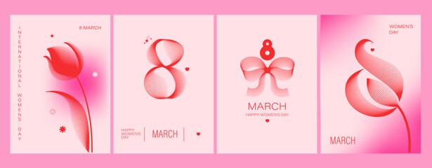 8 March greeting cards set. Line art tulips, bow, number eight design. Soft pink gradient background.