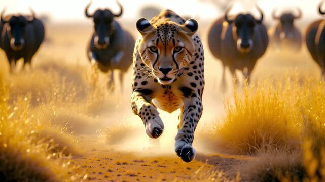 ultra realistic cinematic wildlife scene of a cheetah sprinting across golden savanna grass as dust bursts and wildebeest run behind, captured with dramatic light, motion blur, and raw hunting energy.