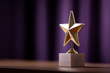 Gold star trophy on wooden base with purple backdrop highlighting achievement