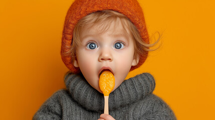 Surprised child in orange hat and gray sweater eating orange popsicle against vibrant background