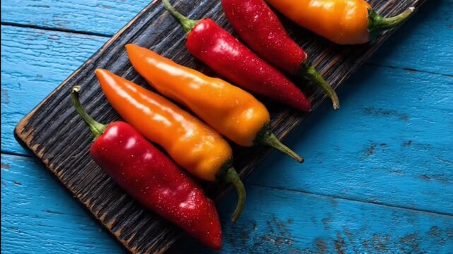 A vibrant close-up captures an inviting display of fresh red and orange chili peppers, meticulously arranged in a diagonal pattern on a rustic, dark wooden cutting board. The bright, colorful peppers 