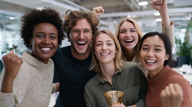 Diverse group of young adults celebrating success indoors - Powered by Adobe